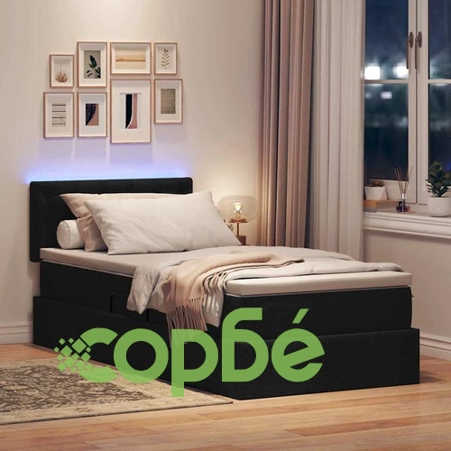 LED легло с табла и матрак, 90 x 200 см, метална рамка с текстилна тапицерия, черно ➤ топ цена ➤ sorbe.bg