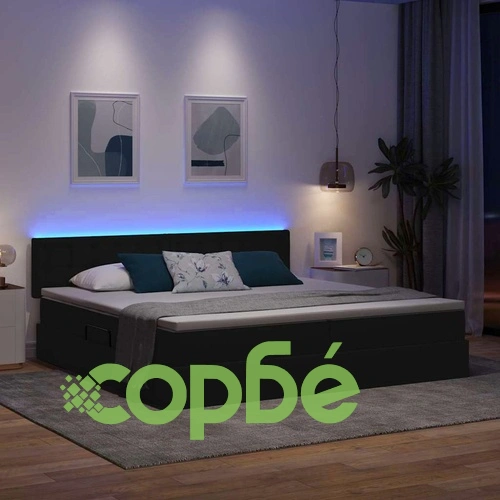 Легло с LED осветление и матрак, текстил, 200 x 200 см, черно ➤ топ цена ➤ sorbe.bg