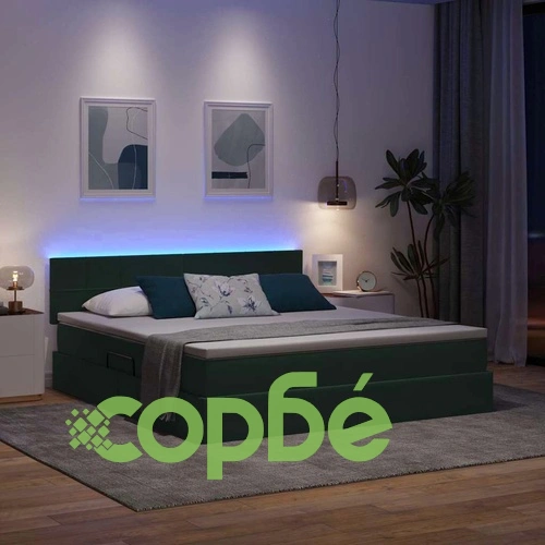 Легло с LED осветление и матрак, кадифе, тъмнозелено, 180 x 200 см ➤ топ цена ➤ sorbe.bg
