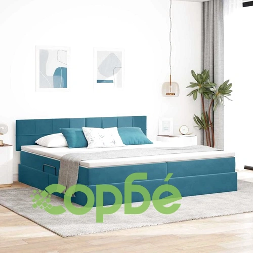 Легло с LED осветление от кадифе тъмносиньо 200x200 см с матрак ➤ топ цена ➤ sorbe.bg