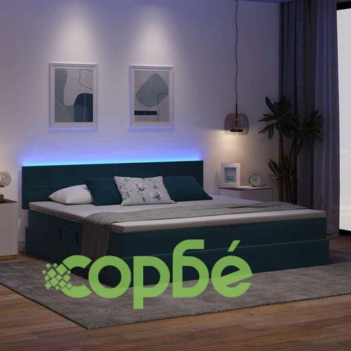 Легло с LED осветление от кадифе тъмносиньо 200x200 см с матрак ➤ топ цена ➤ sorbe.bg