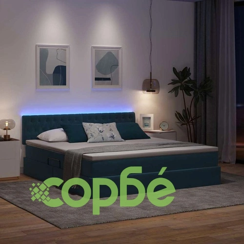 LED Легло с Матрак и Табла от Кадифе, Тъмносиньо, 160 x 200 см ➤ топ цена ➤ sorbe.bg