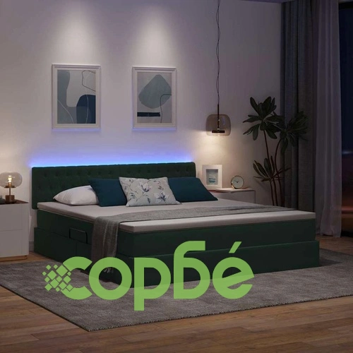 Легло с LED осветление от кадифе тъмно зелено 180x200 см с матрак ➤ топ цена ➤ sorbe.bg