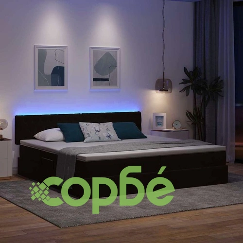 Кадифено легло с LED осветление черно 200x200 см с матрак ➤ топ цена ➤ sorbe.bg