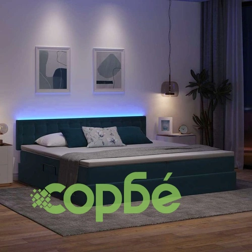 Кадифено легло с LED осветление 200x200 см тъмносиньо с матраци ➤ топ цена ➤ sorbe.bg