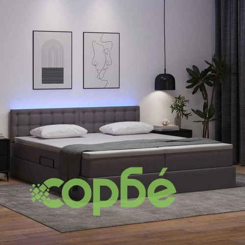 Легло с ракла за съхранение и LED осветление, изкуствена кожа, 180 x 200 см, сиво ➤ топ цена ➤ sorbe.bg