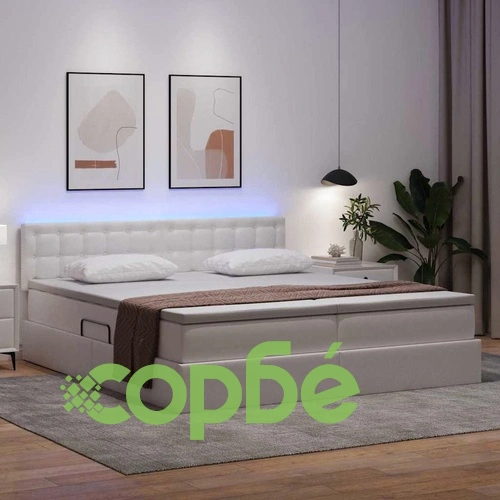 Легло с място за съхранение и LED осветление, изкуствена кожа, 200 x 200 см, чисто бяло ➤ топ цена ➤ sorbe.bg