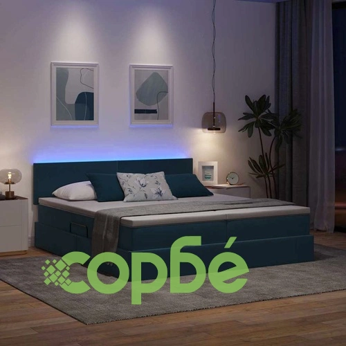 LED легло с ракла за съхранение и матрак, кадифе, тъмносиньо, 200 x 200 см ➤ топ цена ➤ sorbe.bg