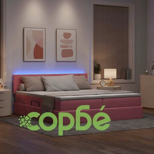 LED легло с табла и матрак Розово 180 x 200 см Кадифе ➤ топ цена ➤ sorbe.bg