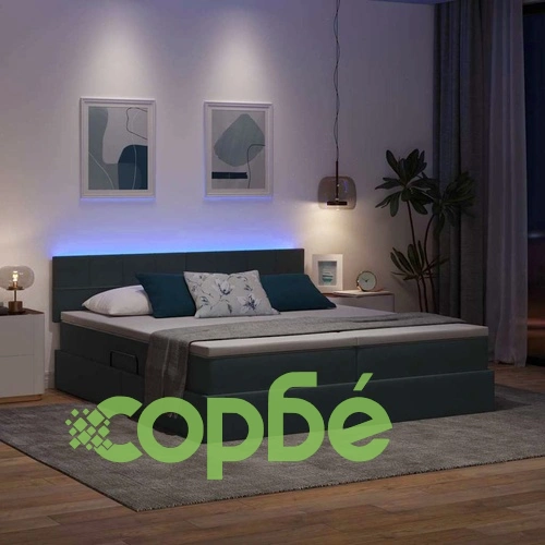 LED легло с ракла за съхранение и матрак, кадифе, 200 x 200 см, тъмносиво ➤ топ цена ➤ sorbe.bg