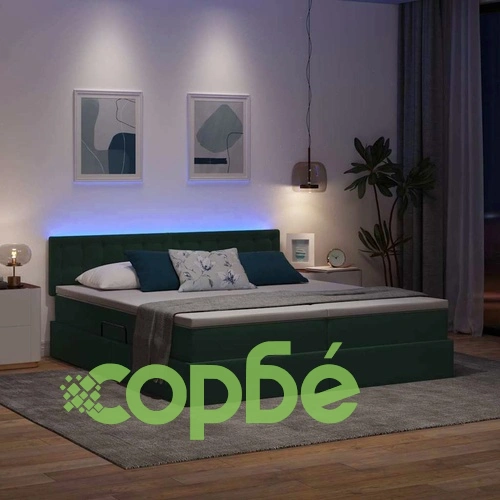 LED легло с ракла за съхранение и матрак, кадифе, тъмнозелено, 180 x 200 см ➤ топ цена ➤ sorbe.bg
