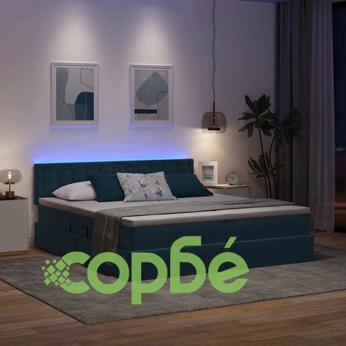 LED легло с ракла за съхранение и матрак, Кадифе, Тъмно синьо, 200 x 200 см ➤ топ цена ➤ sorbe.bg