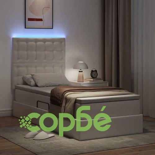 Легло с място за съхранение и LED осветление от изкуствена кожа, Чисто бяло, 90 x 190 см ➤ топ цена ➤ sorbe.bg