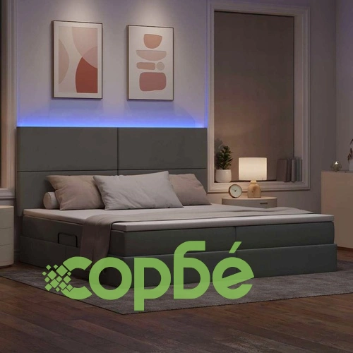 Легло с LED осветление и матрак светлосиво 200x200 см текстил ➤ топ цена ➤ sorbe.bg