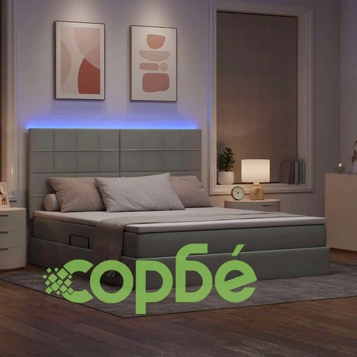 Легло с LED осветление и хидравлично повдигане светлосиво 180x200 см текстил ➤ топ цена ➤ sorbe.bg