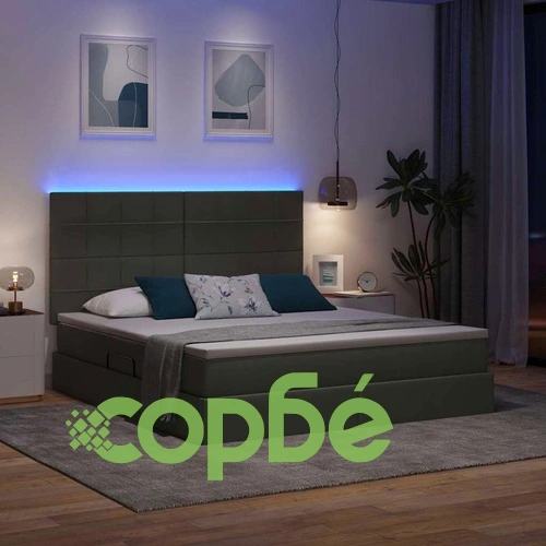 Легло с LED осветление и хидравлично повдигане тъмносиво 180x200 см текстил ➤ топ цена ➤ sorbe.bg