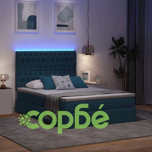 Легло с LED осветление и място за съхранение с матрак, 140 x 200 см, текстил, синьо ➤ топ цена ➤ sorbe.bg