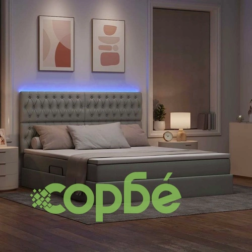 Легло с LED осветление и хидравлично повдигане светлосиво 180x200 см текстил ➤ топ цена ➤ sorbe.bg
