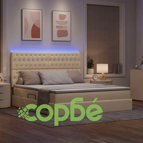 Легло с LED осветление и матрак кремаво 180x200 см текстил ➤ топ цена ➤ sorbe.bg