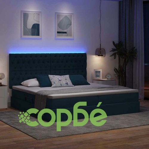 Легло с LED осветление и място за съхранение синьо 200x200 см текстил ➤ топ цена ➤ sorbe.bg