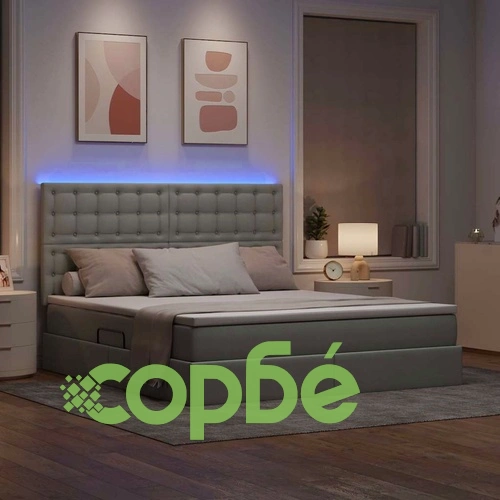 Легло с LED осветление и хидравлично повдигане светлосиво 180x200 см текстил ➤ топ цена ➤ sorbe.bg