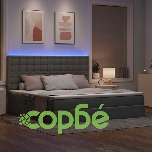 Легло с LED осветление и хидравлично повдигане светлосиво 200x200 см текстил ➤ топ цена ➤ sorbe.bg