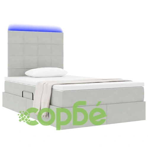 LED легло с табла и отделение за съхранение, кадифе, 120 x 190 см, светлосиво ➤ топ цена ➤ sorbe.bg