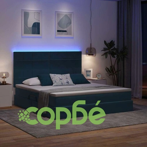 Легло с LED осветление от кадифе тъмносиньо 160x200 см с матрак ➤ топ цена ➤ sorbe.bg
