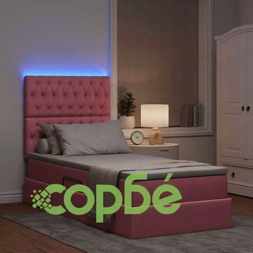 Легло с ракла и LED осветление с матрак, 100 x 200 см, кадифе, розово ➤ топ цена ➤ sorbe.bg