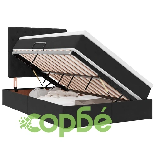 LED легло с кадифена тапицерия, ракла за съхранение и матрак, 120 x 200 см, черно ➤ топ цена ➤ sorbe.bg
