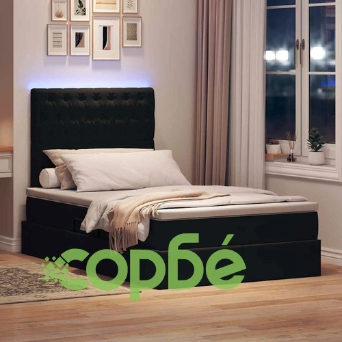 LED легло с кадифена тапицерия, ракла за съхранение и матрак, 120 x 200 см, черно ➤ топ цена ➤ sorbe.bg
