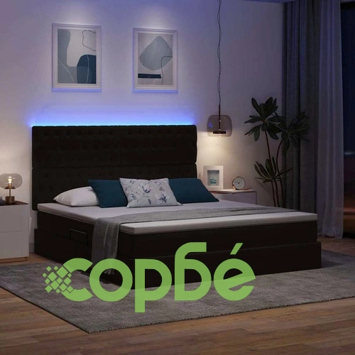 Легло с LED осветление и хидравлично повдигане 160x200 см кадифе черно ➤ топ цена ➤ sorbe.bg