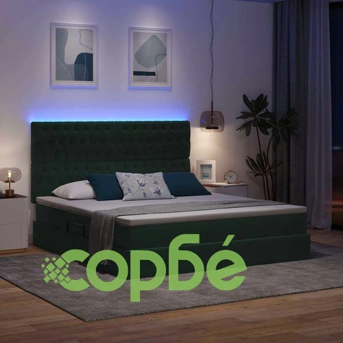 LED легло с шкаф за съхранение и матрак, кадифе, тъмнозелено, 180 x 200 см ➤ топ цена ➤ sorbe.bg