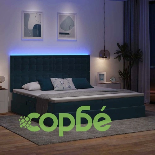 Легло с LED осветление тъмносиньо кадифе 200x200 см с матрак ➤ топ цена ➤ sorbe.bg