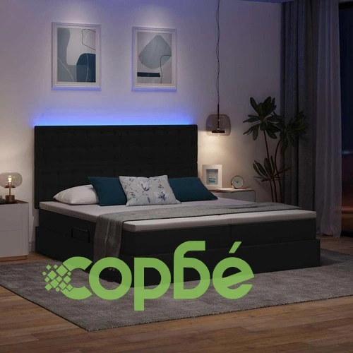 LED легло с ракла за съхранение и матрак, Текстил, Черно, 200 x 200 см ➤ топ цена ➤ sorbe.bg