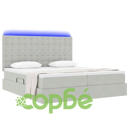 LED легло с табла и матрак Светлосиво 200 x 200 см Кадифе ➤ топ цена ➤ sorbe.bg