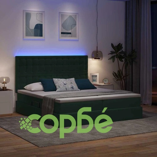 Легло тапицирано с LED осветление и матрак, кадифе, 200 x 200 см, тъмнозелено ➤ топ цена ➤ sorbe.bg