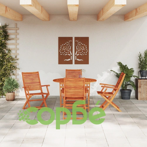 Комплект за градинско хранене с 5 части от масивна акациева дървесина - кръгла маса и 4 стола ➤ топ цена ➤ sorbe.bg