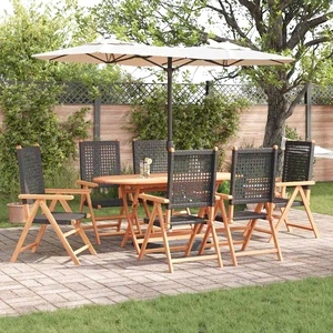 Комплект за хранене в градината 7 части от масивно акациево дърво и полиратан - черен