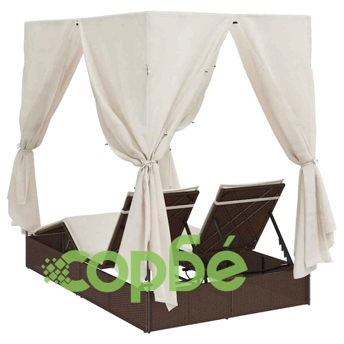 Двуетажен шезлонг с покрив кафяв 205x129x200 см PE ратан ➤ топ цена ➤ sorbe.bg