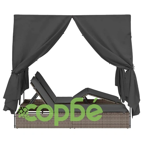 Двоен шезлонг с покрив и завеси от PE ратан сив 205x129x200 см ➤ топ цена ➤ sorbe.bg