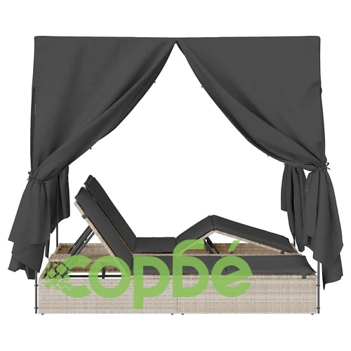 Двуетажен шезлонг с покрив от PE ратан светлосив 205x129x200 см ➤ топ цена ➤ sorbe.bg