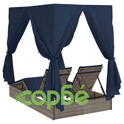 Двуетажен шезлонг с покрив сив 205x129x200 см PE ратан ➤ топ цена ➤ sorbe.bg