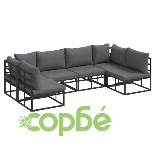 Градински диван комплект 6 места с възглавници черен алуминий 283x141.5x71 см ➤ топ цена ➤ sorbe.bg