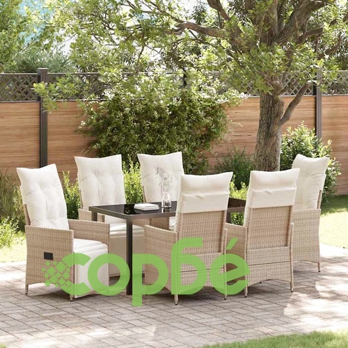 Комплект за хранене в градината от 7 части с възглавници - Бежов Полиратан ➤ топ цена ➤ sorbe.bg