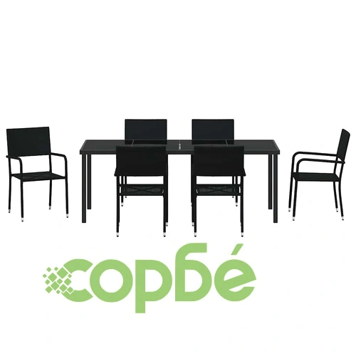 Комплект градински мебели 7 части полиратан черен с маса и столове ➤ топ цена ➤ sorbe.bg