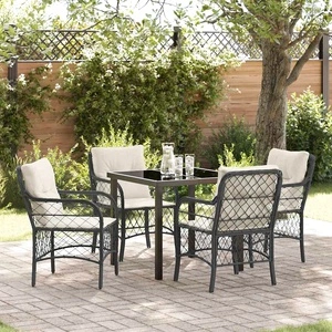 Комплект за хранене в градината 5 части Черен Полиратан със стъклена маса