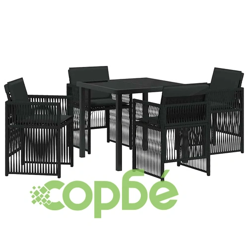 Градински комплект за хранене 5 части с възглавници черен полиратан 80x80 см ➤ топ цена ➤ sorbe.bg