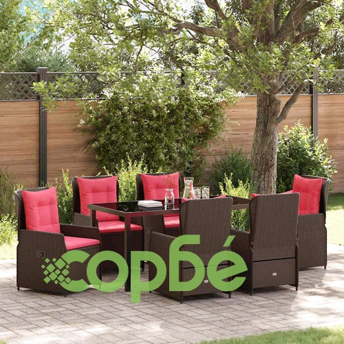 Комплект за хранене в градината 7 части - Кафяв Полиратан с маса и 6 стола ➤ топ цена ➤ sorbe.bg