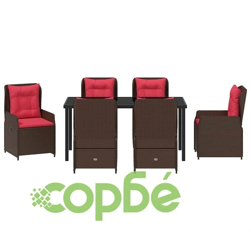 Комплект за хранене в градината 7 части - Кафяв Полиратан с маса и 6 стола ➤ топ цена ➤ sorbe.bg